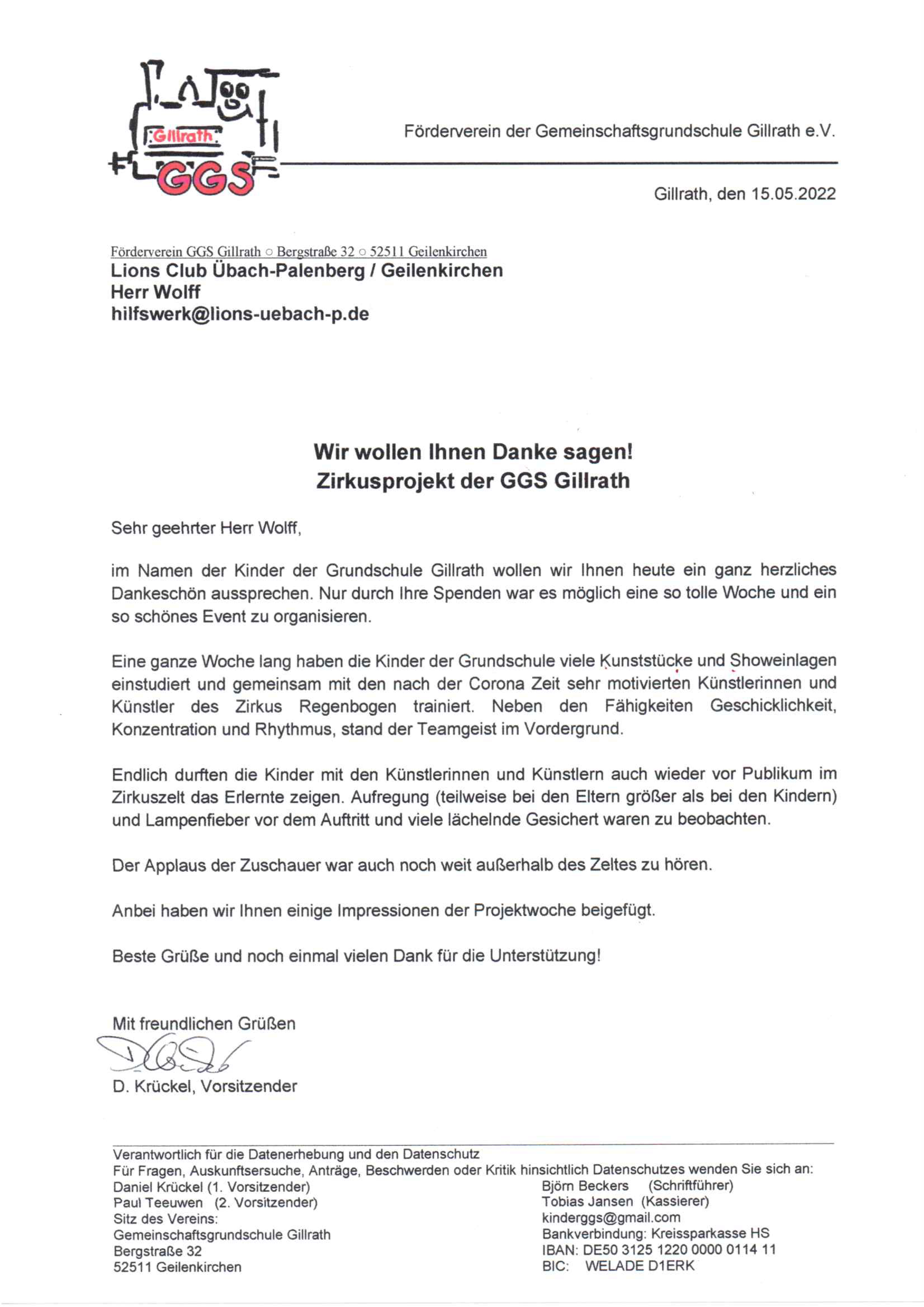 Dankesschreiben Förderverein GGS Gillrath