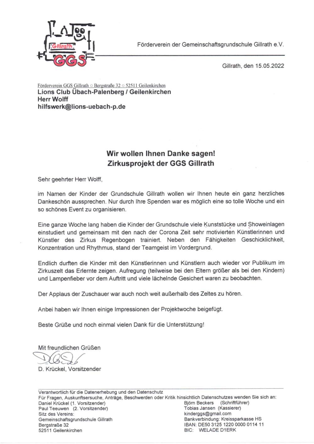 Dankesschreiben Förderverein GGS Gillrath